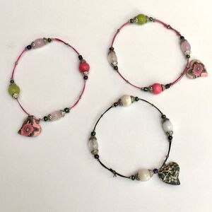 Polymer Heart Charm & Bead Wire Bracelet Set of 3